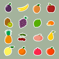 Fototapeta na wymiar Collection of fruit stickers. A collection of fruit labels with a white stroke in a flat style.