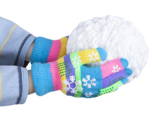 Snowball of white threads in child's hands, clad in colorful gloves isolated on white background, New Year, Christmas