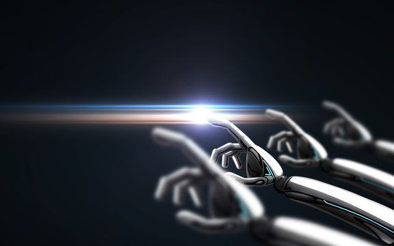 robot hands over black background and laser light