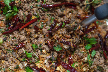 Spicy minced pork salad, Thai food.