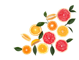 Fototapeta na wymiar Citrus fruits isolated on white background. Isolated citrus fruits. Pieces of lemon, pink grapefruit and orange isolated on white background, with clipping path. Top view