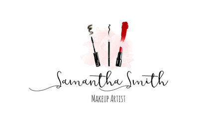 Makeup artist business card. Vector template with make up items - makeup brush, pencil, eyeliner, red lipstick and mascara brush with trace and smear. Fashion and beauty logo concept business cards. - 182422734