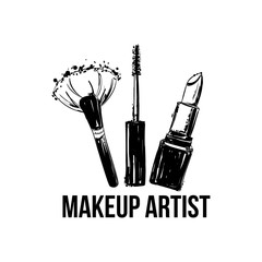 Makeup artist logo banner. Business card and logo concept. Beauty Set for make-up: lipstick, mascara brush, makeup brush. Logo vector template illustration - 182422797
