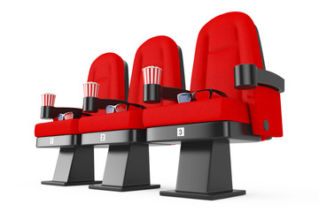 Naklejka premium Red Cinema Movie Comfortable Chairs with Popcorn and 3d Glasses. 3d Rendering