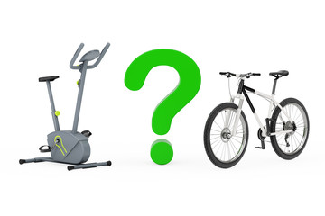 Question Mark between Stationary Exercise Bike Gym Machine and Black and White Mountain Bike. 3d Rendering