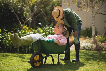 Senior man carrying smiling woman in wheel borrow