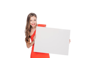 young woman with blank banner