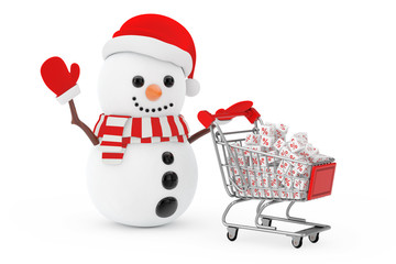 Christmas Sale Concept. Snowman in Santa Claus Hat Driven by a Shopping Cart with White Discount Cubes. 3d Rendering