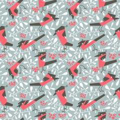 Bullfinch seamless pattern in flat simple style. Doodle floral botany background with rowan branches
