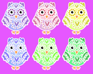 Six cute cartoon multicolored owls in a white outline, stickers