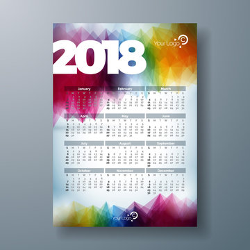 Vector Calendar 2018 Template Illustration with White Number on Abstract Colorful Background. Week Starts on Sunday.