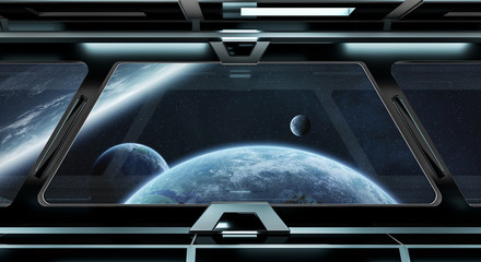 Naklejka premium Spaceship corridor with view on distant planets system 3D rendering elements of this image furnished by NASA