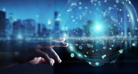 Businessman using holograms datas digital sphere 3D rendering