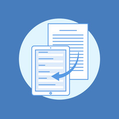 Concept of transferring information from paper carriers to mobile applications. Electronic documents. Flat line vector illustration.