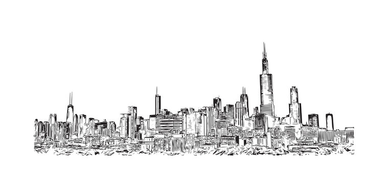 Sketch illustration of Chicago skyline, USA (United States of America) in vector. 