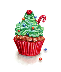 Cupcake decorated with a Christmas tree of cream, watercolor illustration for the New Year.