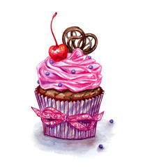Cupcake decorated with chocolate heart and cherry, watercolor illustration for St. Valentine.