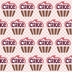 Delicious colorful cupcakes with the lettering CAKE. Seamless vector illustration