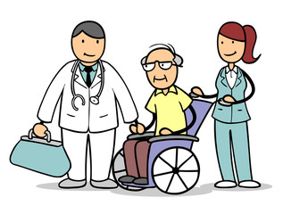 Arzt und Krankenpflegerin mit Senior im Rollstuhl