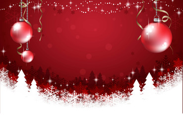 Abstract red background with snowflake, christmas trees and red balls. Christmas and new year card style background. Vector Illustration.