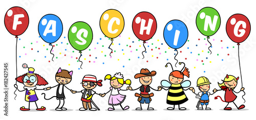 "Gruppe Kinder beim Fasching feiern im Kostüm" Stockfotos und