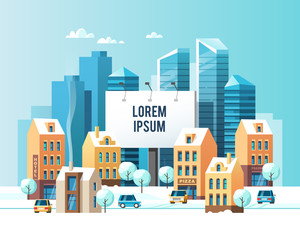 Obraz premium Winter cityscape with a billboard for your text. Snowy street. Vector illustration.