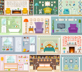 A set of rooms for various purposes and design in a flat style. Vector illustration. Set of interiors. Locations.