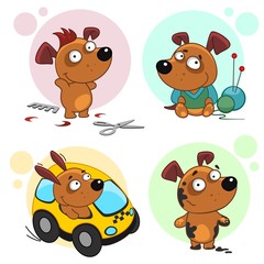 Collection of icons with dogs for design. A trimmed dog with a hairstyle with scissors and a comb, a dog in a knitted sweater, the dog goes to a taxi and a dog in dirty.