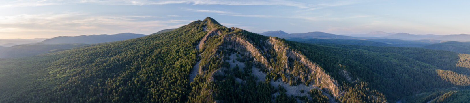 The Mountain Is Small Yamantau. Landscape. Sunset. HD Panorama. View From The Karatash Ridge. Russia, Ural, Bashkortostan, Aygir.