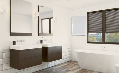 Fototapeta na wymiar Modern bathroom with large window. 3D rendering. Empty picture