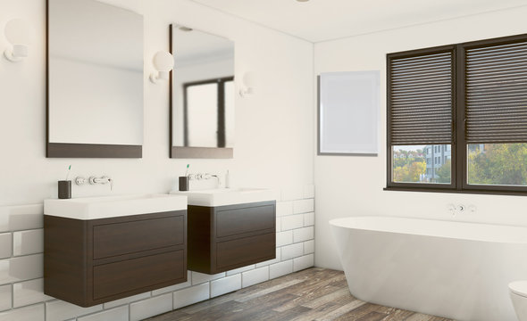 Modern bathroom with large window. 3D rendering. Empty picture