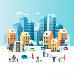 Snowy street. Urban winter landscape with people, modern skyscrapers and traditional city houses. Vector illustration. - obrazy, fototapety, plakaty
