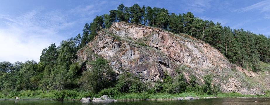 Mountain With Forest On The River Inzer. Landscape. HD Panorama. Russia, Ural, Bashkortostan, Aigir.