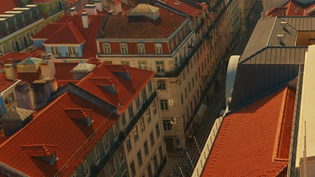 Aerial close-up shot of the Rua da Prata street and downtown buildings in Lisbon, Portugal. Built after the 1755 earthquake, it is named after the many silversmith shops in there.
