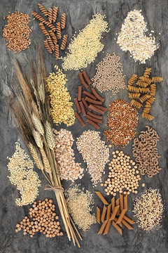 Dried macrobiotic health food with legumes, grains, cereals, nuts, seeds and whole wheat pasta with wheat sheaths. Foods high in smart carbohydrates, protein, antioxidants and fibre.