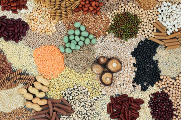 Macrobiotic diet food background with cereals, grains, legumes, seeds, wasabi and monkey nuts,...