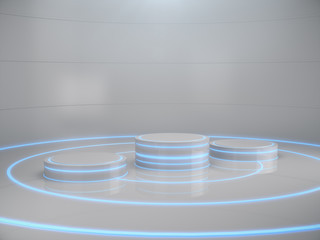 Pedestal for display,Platform for design,Blank product stand with light glow,Future background.3D rendering.