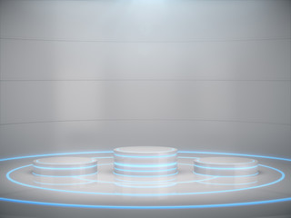 Pedestal for display,Platform for design,Blank product stand with light glow,Future background.3D rendering.