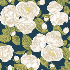Vector floral seamless pattern with bouquets of hand drawn white roses. Floral background in vintage style.
