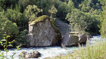 Fast river with big stones and trees (Folgefonna National Park) in Odda, Hordaland, Norway