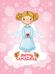 Vector greeting card with angel standing on a cloud. Christmas illustration with an angel on a pink background.