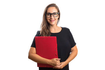 Beautiful blonde teacher or student holding material on white background