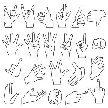 Realistic shape hand gestures outline line stroke icons set.