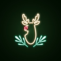 Christmas deer neon sign. Neon sign, bright signboard, light banner. Vector icons