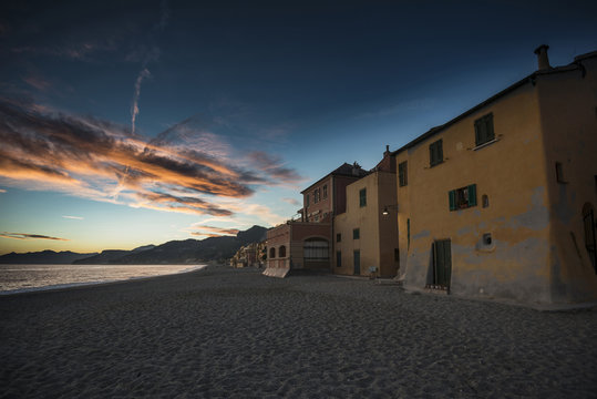 Beach in sunset, Varigotti, Finale Ligure, Province of Savona, Liguria, Italy