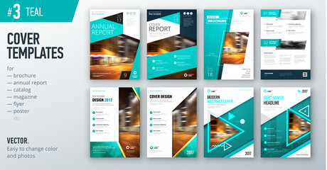 Fototapeta na wymiar Set of business cover design template in teal color for brochure, report, catalog, magazine or booklet. Creative vector background concept