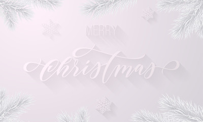 Merry Christmas frozen ice hand drawn calligraphy font for greeting card and snowflakes on snow white background. Vector Christmas or New Year winter holiday premium icy fir branch decoration