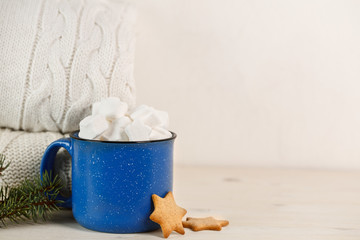 Christmas drink. Marshmallows in blue mug