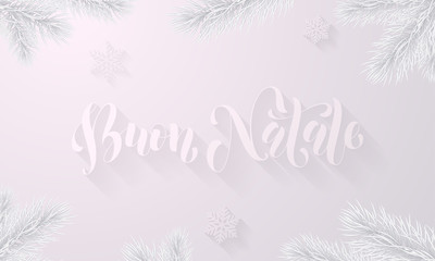 Buon Natale Italian Merry Christmas icy frozen font and icy snowflake white background for Xmas greeting card design. Vector Christmas or New Year winter holiday frosted fir tree decoration background