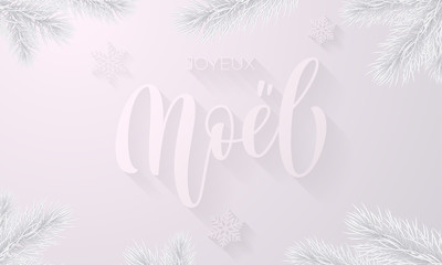 Joyeux Noel French Merry Christmas frost icy font and white snow background with frozen ice snowflakes for winter holiday greeting card. Vector Christmas or New Year snow frost tree fir branch design